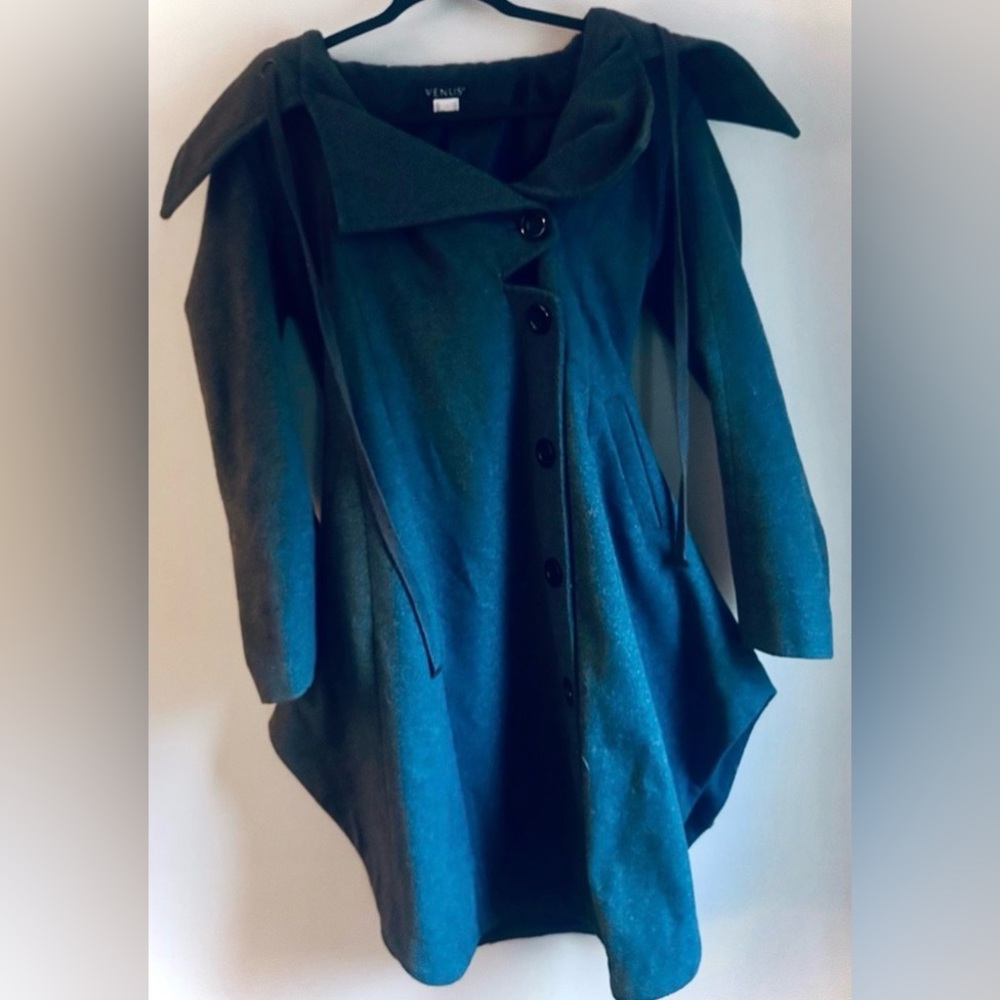 VENUS Mermaid-Style, Button-Front, Waterfall Coat, Hooded, Charcoal, Small, EUC